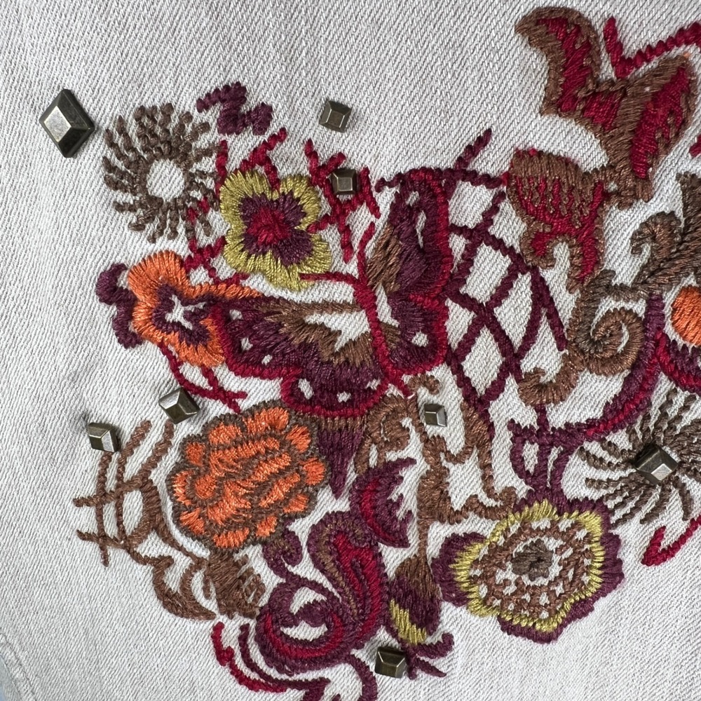 Christopher Banks Tan Denim Vest Embroidered Floral Butterfly Studded Size XL - Picture 8 of 14